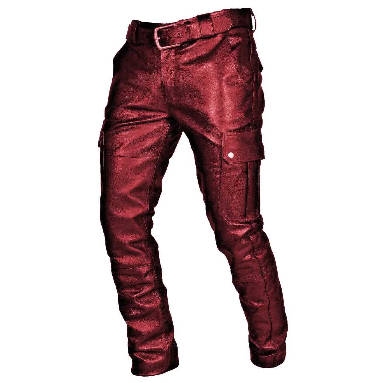 Mens Leather Motorcycle Pants with Cargo Pockets Black PU Pants No Belt Mens Trousers Big Size S-5XL W250819