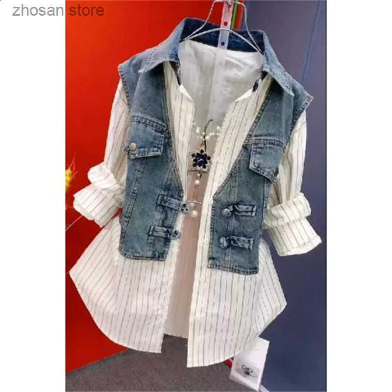 Fashion Striped Denim Jacket Women Spring Summer Plate Button Sense Stitching Waistcoat Shirt Chic Top 250228 S250819
