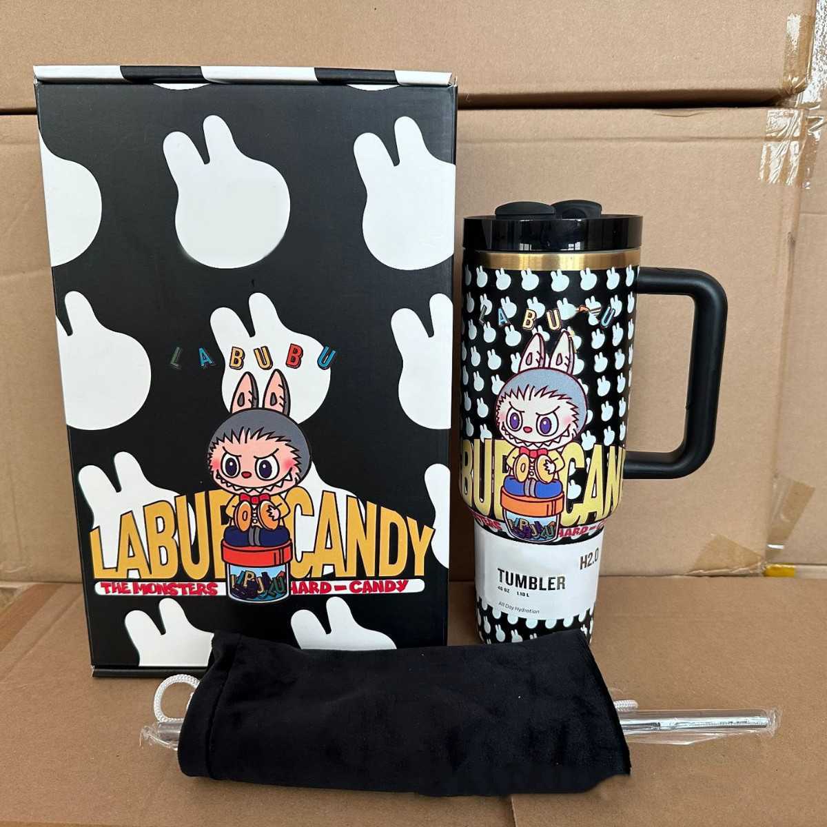 New Labubu 40OZ Stainless Steel Drum Type with Tibial Drive Insulated Cup with Straw and Lid Large Capacity Car Cup X2506056