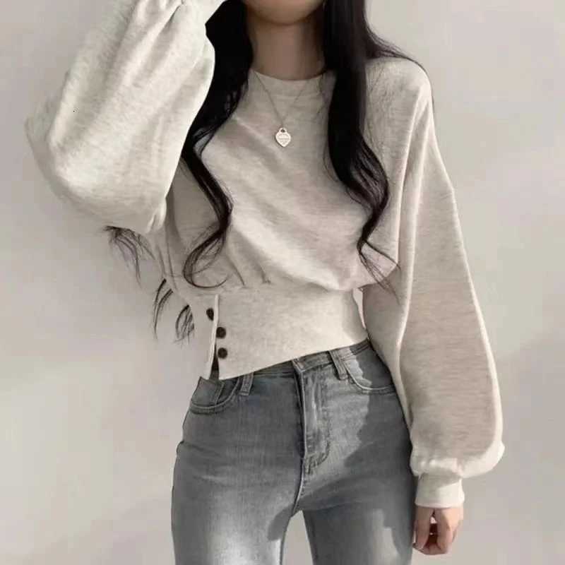 Autumn Women Solid O-Neck Slim Crop Top Lantern Sleeve With Button Sweat Casual Hip-Hop Sporty Pullover Sweet Chic Street Wear XJ250819
