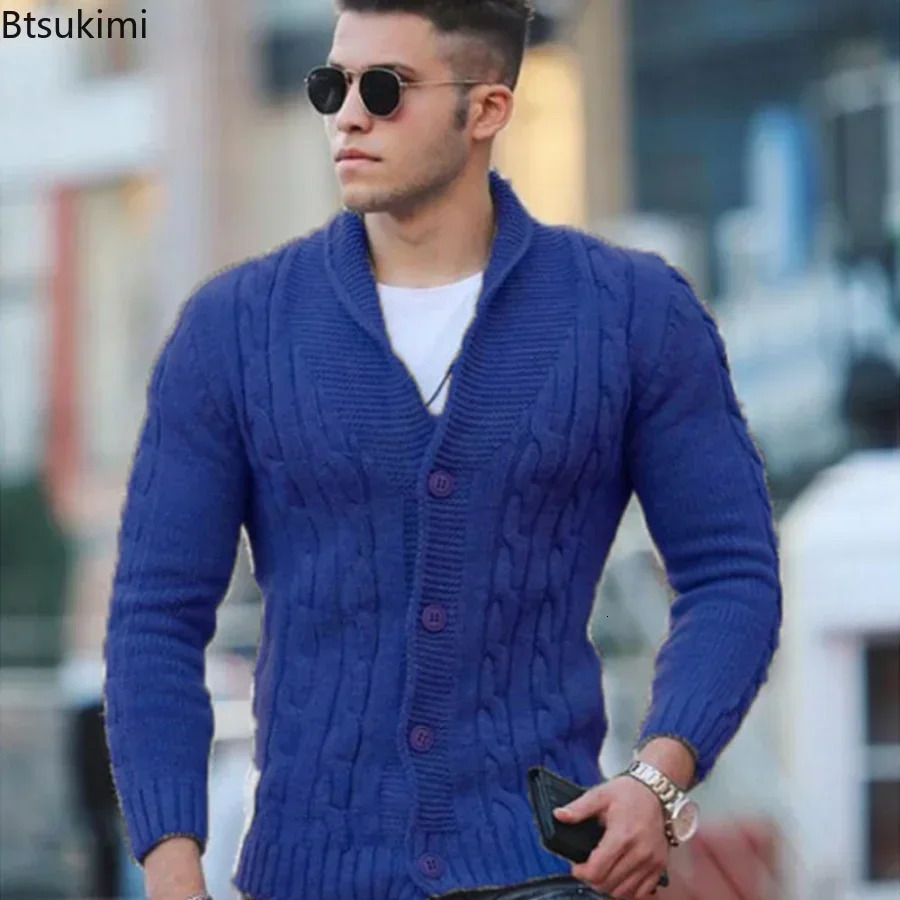 Autumn Winter Mens Warm Knitted Sweater Solid Singlebreasted Twisted Texture Cardigan Lapel Slim Buttoned Thick Male 250819
