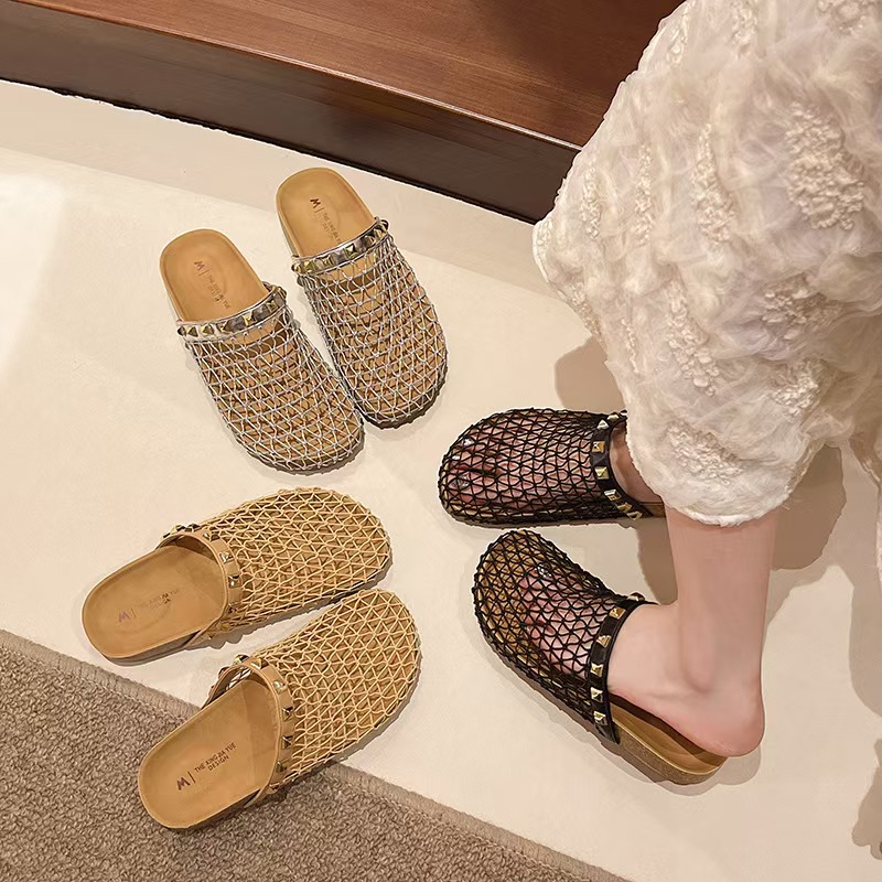 Half a tray Hollow sandals Designer Clogs Sandals Clog Slippers Cork Flat High Quality Fashion Summer Genuine Leather Slide Favourite Beach Casual Sho