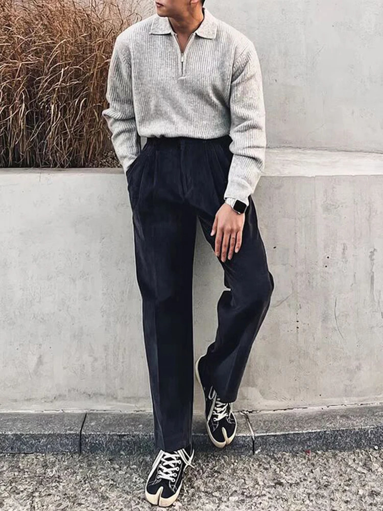 Streetwear Vintage Polo Collar Jumper Tops Men Spring Trendy Solid Color Zip-up Long Sleeve Knit Polo Shirt For Mens Sweaters 250818