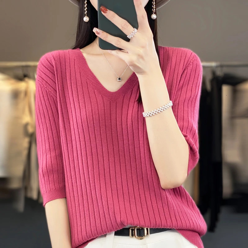 Womens Sweater Spring Summer Short Sleeve Vneck Knit Shirt Casual Korean Pullovers Stripe Bottoming Slim Fit Jumpers 250819