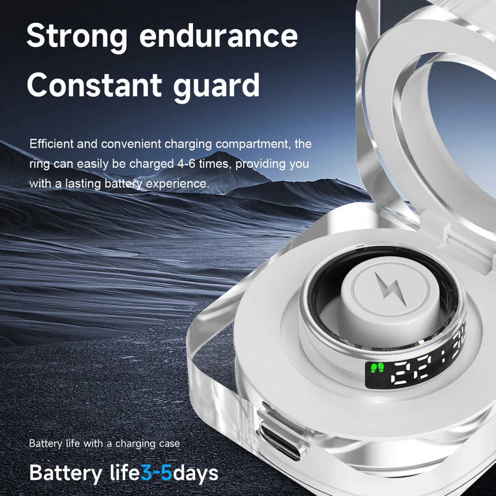 Health Ring Smart Ring Fitness Men Women IP68 Health Exercise Record Steps with Charging Bay Silver W250819