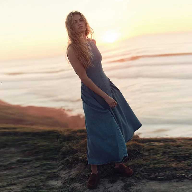 Casual Round Neck Lace Up Backless Denim Dress Sleeveless High Waist Loose Zipper Robe Summer High Street Sexy Solid Clothing M250623