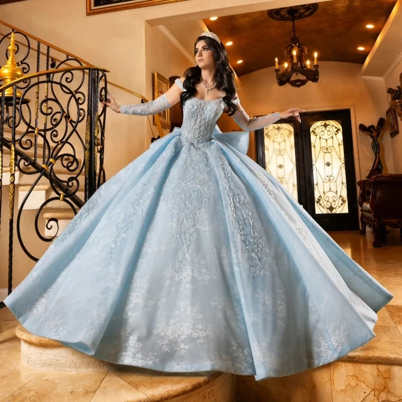 Sky Blue Off The Shoulder Quinceanera Dresses Applique Lace Tull Beads Princess Ball Gown Party Birthday vestidos 15 anos Sweet 16 Dress