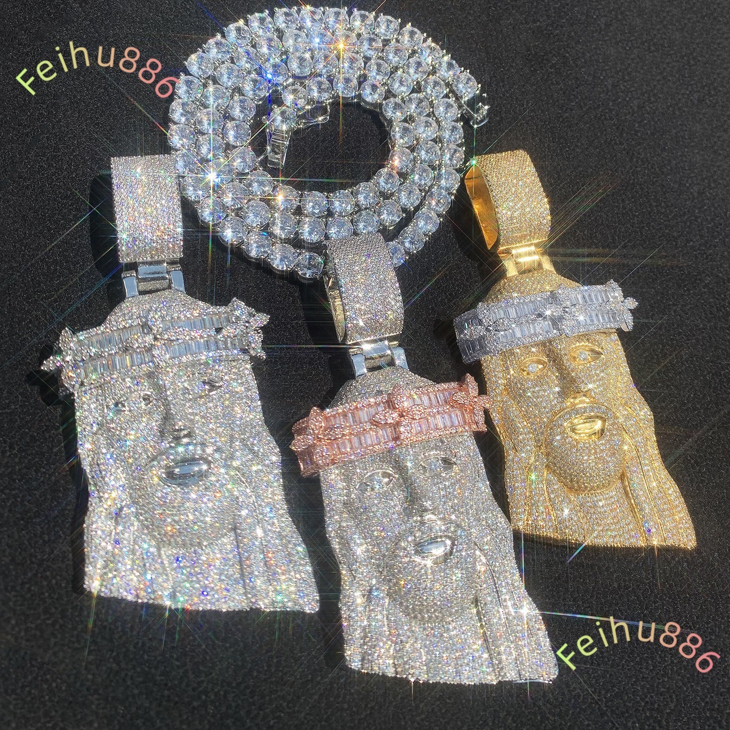 Gold Twe Tone Huge Spooky Big Jesus Head Baguette Moissanite Charm Iced Out Crown Jumbo Pendant Moissanite Necklace for Men