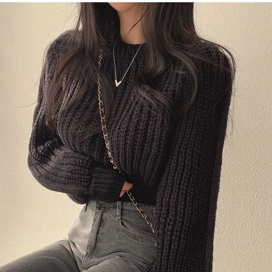 Korean Loose Long Sve Sweaters Fashion Women Harajuku Lantern Knit O-Neck Solid Basic Jumpers Autumn Winter Soft Warm Sweater XJ250819