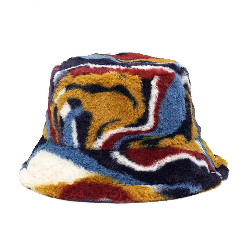 Winter Bucket-Hats Fluffy Fur Men Women Panama Hat Fashion Warm Fisherman Cap Letter Rainbow Houndstooth Leopard Printed 250819