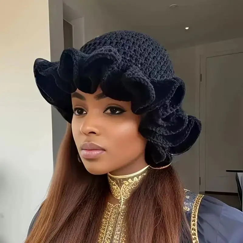 Colorful Crochet Ruffle Bucket Hat Warm Stretch Knit Hat Year Celebration Womens Fashion Handmade Beanie Hat Tool Tentacle 250819