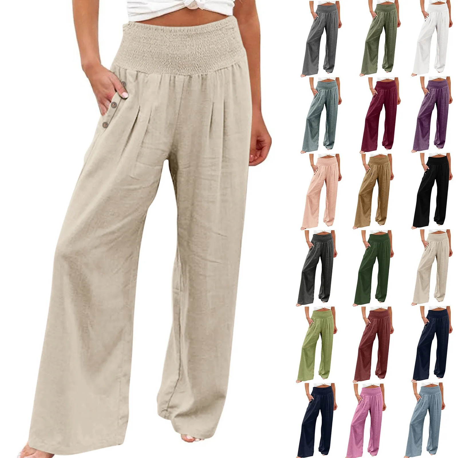 Summer Cotton Linen Wide Leg Pants Women Loose Palazzo Pant Pocket Elastic Waist Button Casual Pants Pant for Women Women Pant 250819