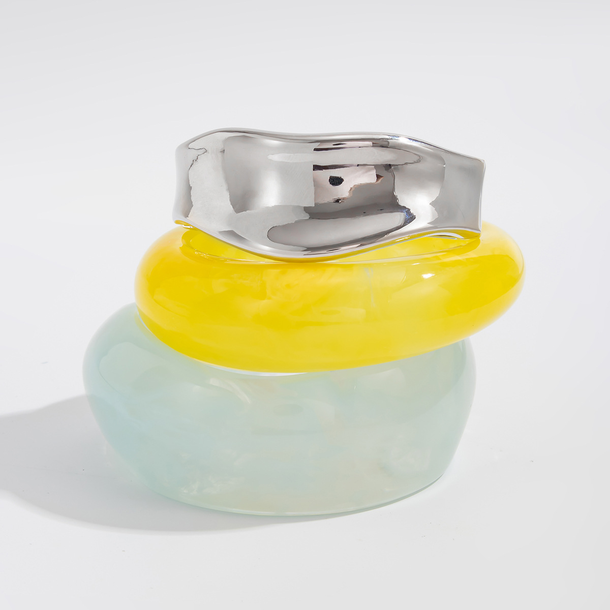 Contemporary Resin Cuff Bracelet Asymmetrical Ombre Blue Wide Bangle with Dual Coil Mechanism