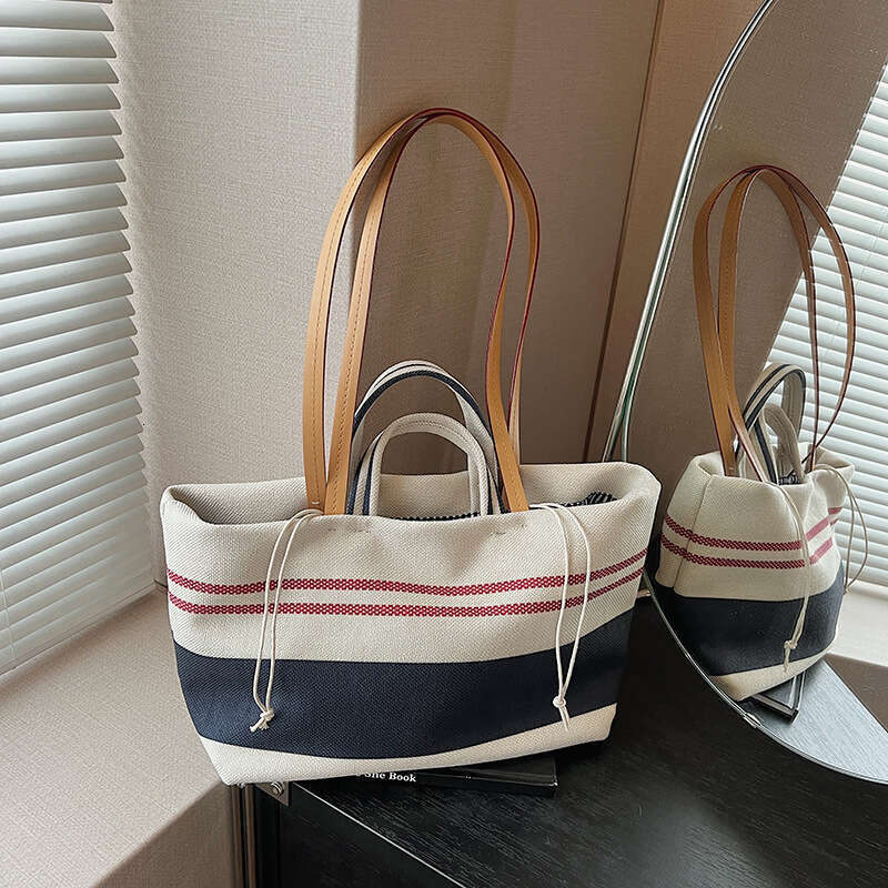 Contrast Color Striped Canvas Bags Tote Bag Women 2025 Summer Large Capacity Casual Vacation Style Designer Shoulder Handbag