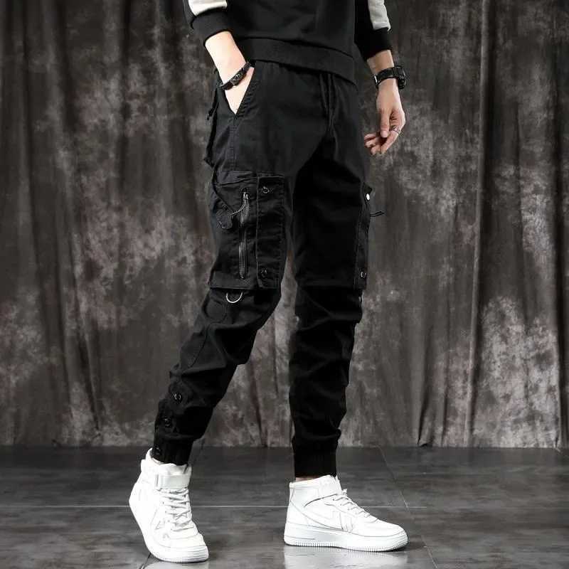 Trendy Mens Spring Autumn Cargo Pants Slim Fit Casual Style Loose Fit American Style Multiple Pocket Small Foot Pants Black W250819