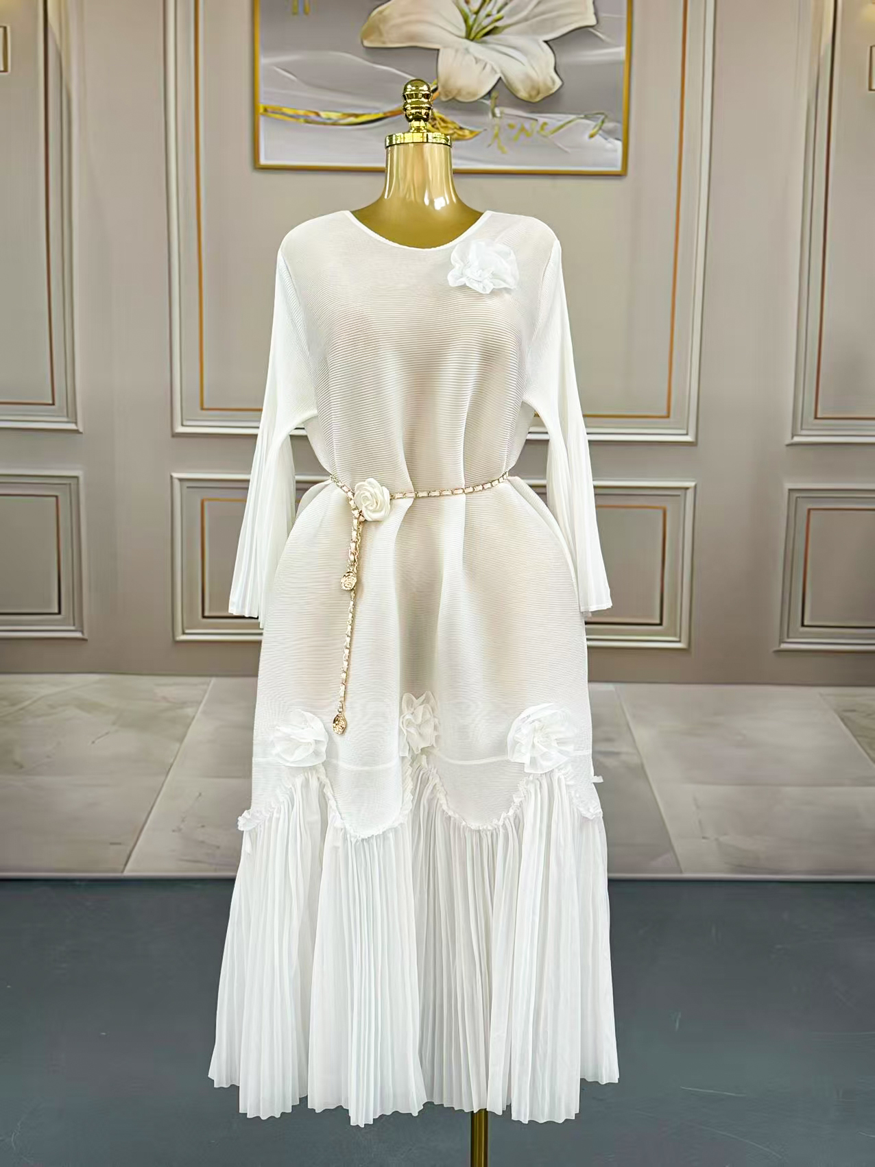 Women's Dresses Chic Floral Patterned Long Sleeve Gown with Decorative Fringe Accents 25311