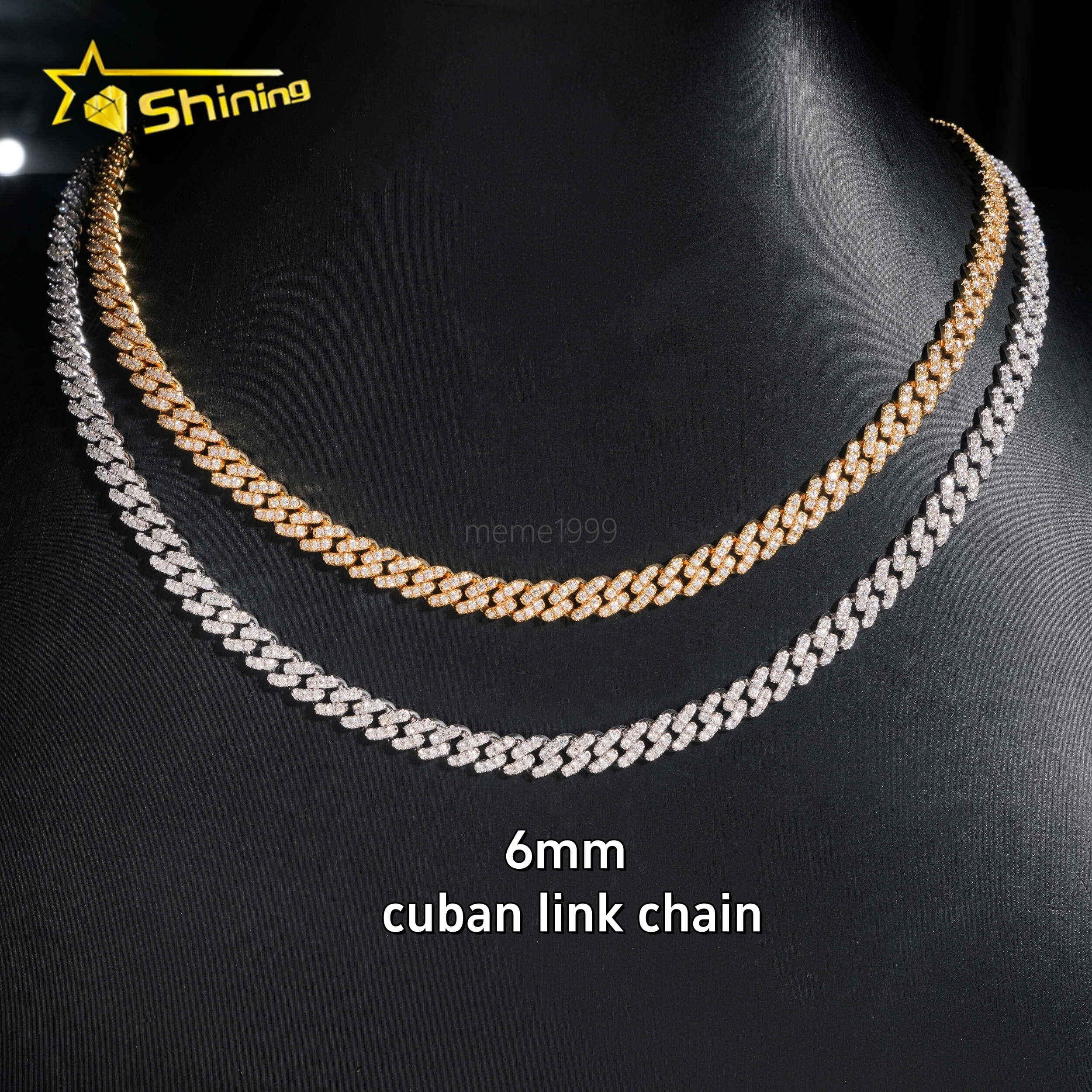 Factory Price Hip Hop Jewelry 6mm Solid 925 Sterling Silver Gold Plated VVS Iced Out Moissanite Miami Cuban Link Chain