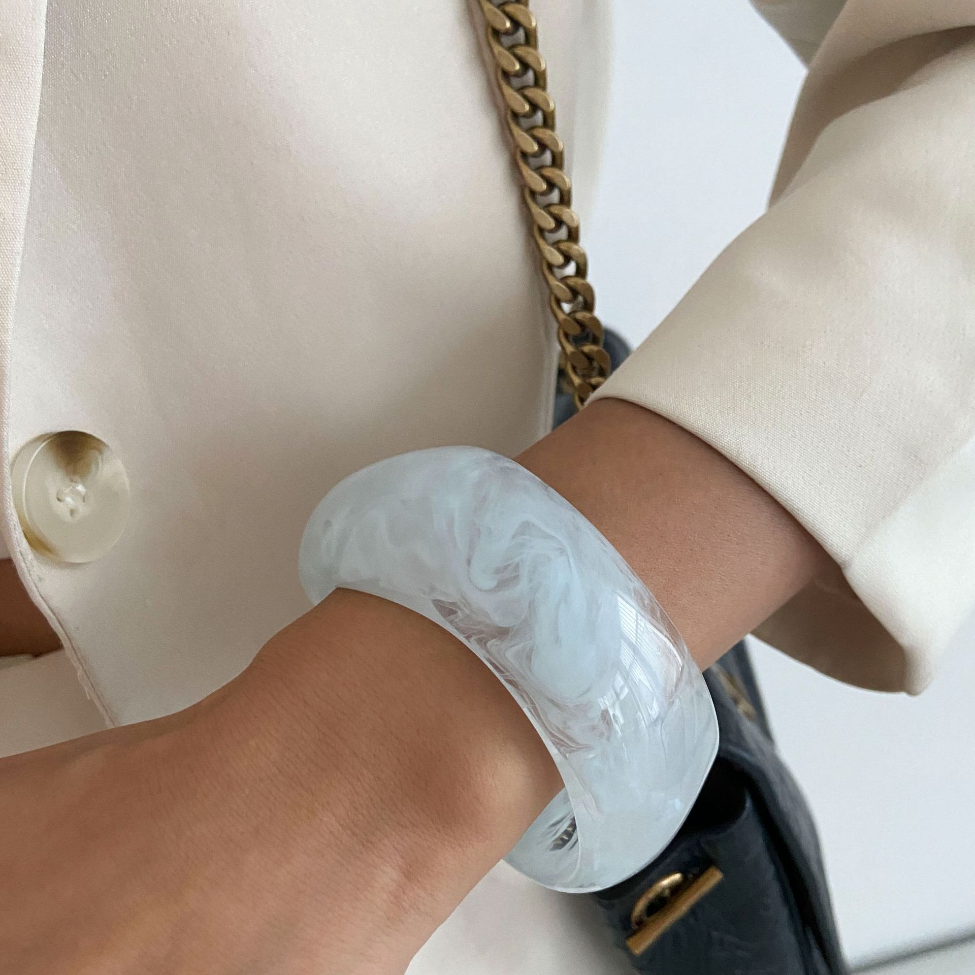 Contemporary Resin Cuff Bracelet Asymmetrical Ombre Blue Wide Bangle with Dual Coil Mechanism