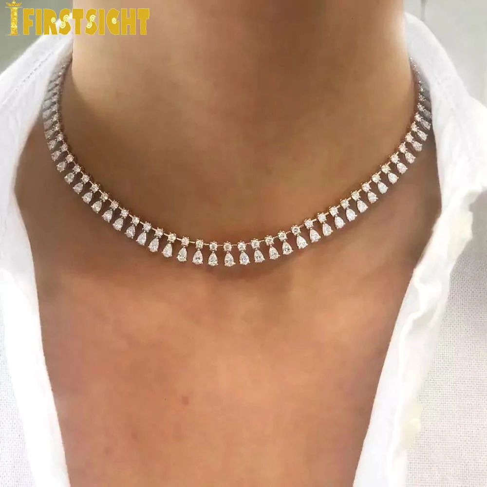Iced Out Bling Tear Drop Necklace Silver Color Round Cubic Zirconia Cz Tennis Paved Link Chain Choker For Women Jewelry 250815