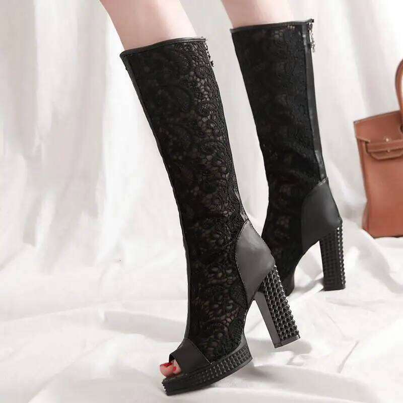 ASILETO Ladies Summer Boots Peep Toe Chunky Heels Lace Mesh Splice Big Size 33-43 Black Whiete Fashion Sexy S4036