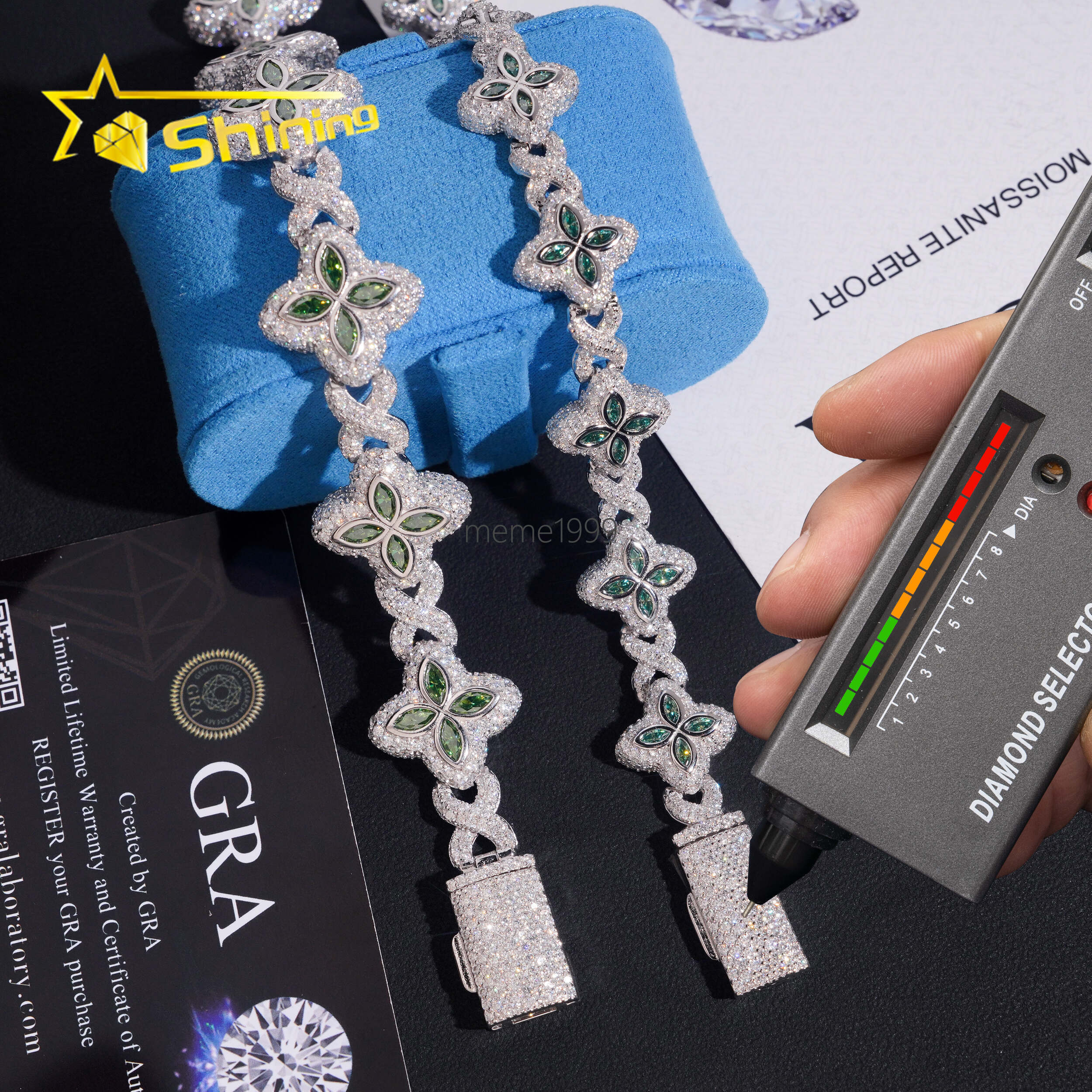 Rapper Hip Hop Jewelry 15mm 18mm Green Clover Moissanite Cuban Bracelet Custom 925 Silver Iced Out Infinity Moissanite Bracelet