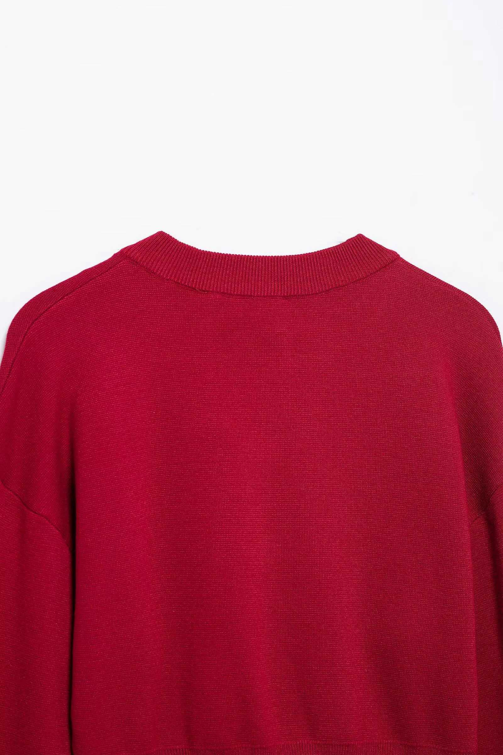 2025 New Red Heart Round Neck Short Lantern Sleeve Knitted Cardigan Sweater Jacket for Women Spring and Autumn XJ250819