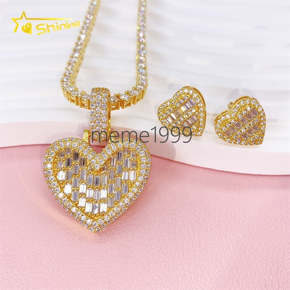 Iced Out 10k 14k Gold Silver baguette Moissanite Diamond Pendant Hiphop Custom Heart Pendant with Screw Back Stud Earrings