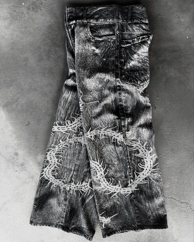 90s Gothic Centipede Embroidery Washed Oversized WideLeg Pants Jeans Men Y2K Harajuku Punk HipHop Rock Couple Street Wear 250915