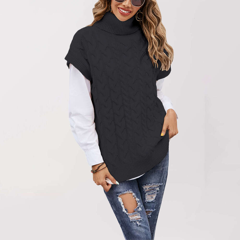 Autumn Winter New Temu Sleeveless Button Rope Vest Knitted Loose Pullover High Neck Sweater For Women B5