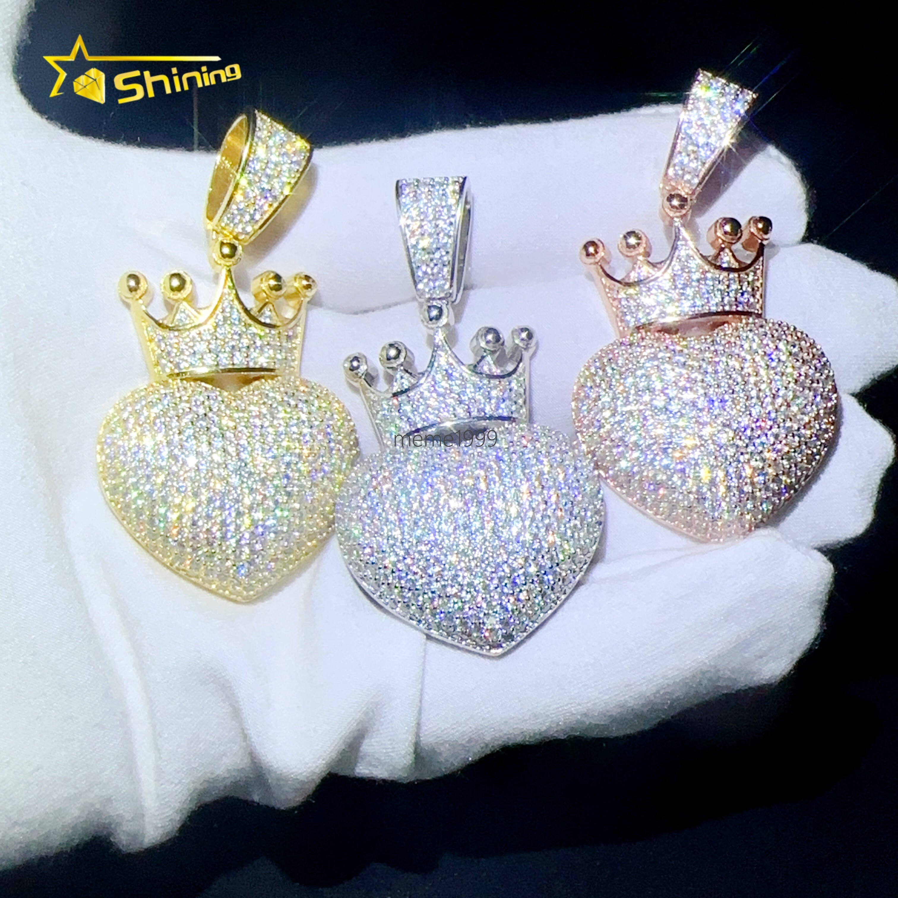 Moissanite Heart Crown Pendant Hip Hop 925 Silver Diamond Pendant Hot Sale Jewelry Necklace Heart Pendant