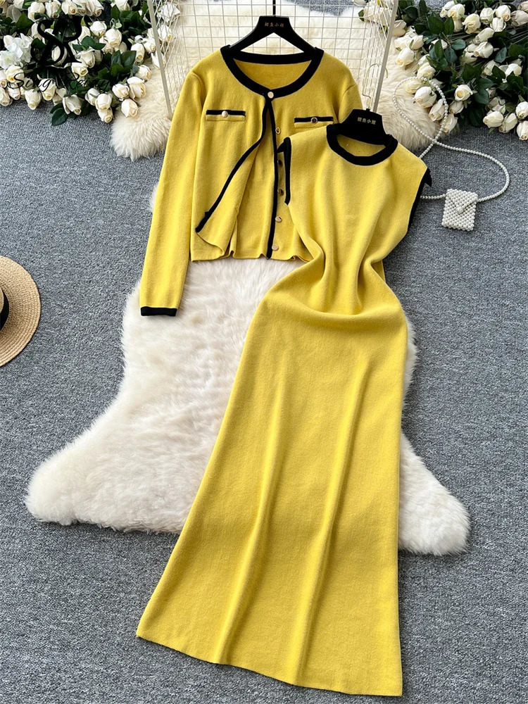 SINGREINY Ladies Elegant OL Knitted 2pcs Suits Basic Single Breasted CardiganSleeveless Slim Fit Dress Autumn Sweater Sets 250818