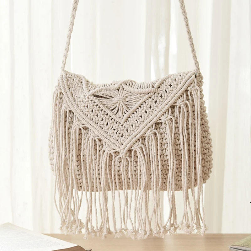 Handmade Cotton Woven Knitted Tassel Crossbody Bag Vintage Shoulder Messenger Bag Female Fashion Beach Summer Handbags for Women 250814