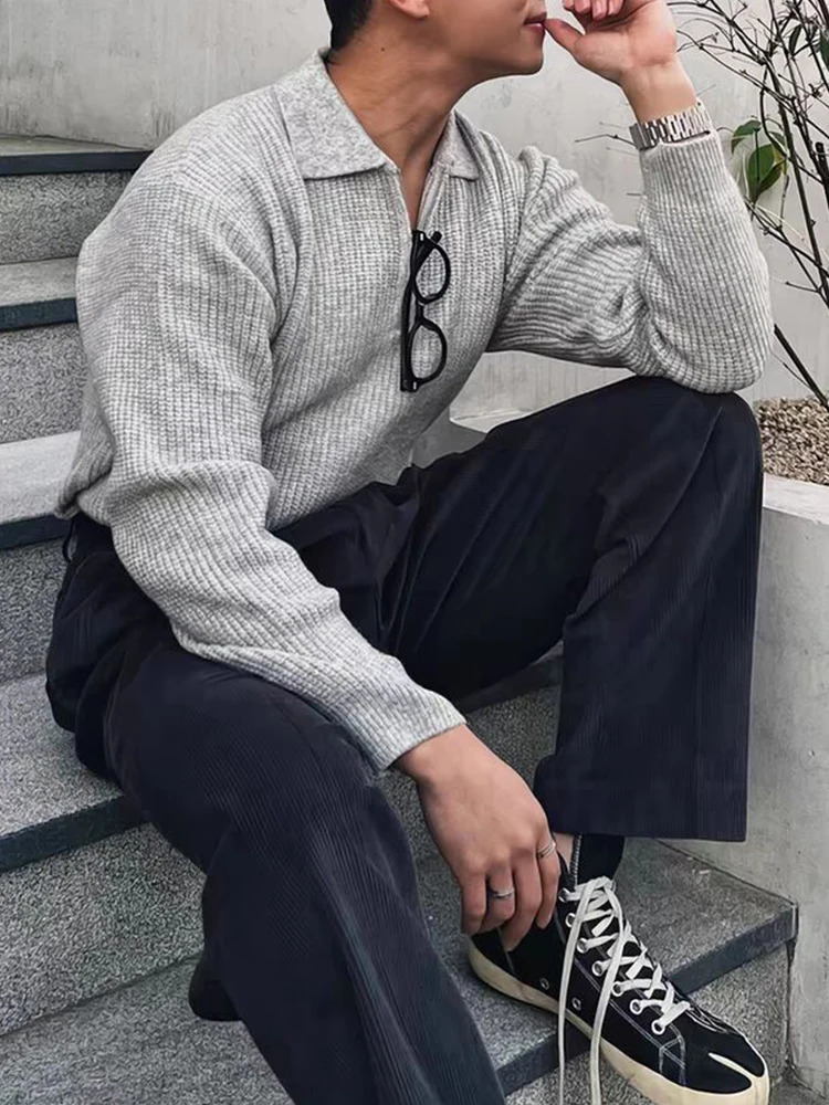 Streetwear Vintage Polo Collar Jumper Tops Men Spring Trendy Solid Color Zip-up Long Sleeve Knit Polo Shirt For Mens Sweaters 250818
