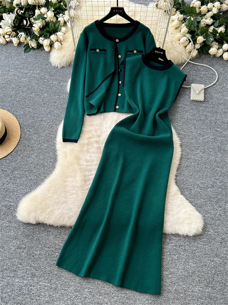 SINGREINY Ladies Elegant OL Knitted 2pcs Suits Basic Single Breasted CardiganSleeveless Slim Fit Dress Autumn Sweater Sets 250818