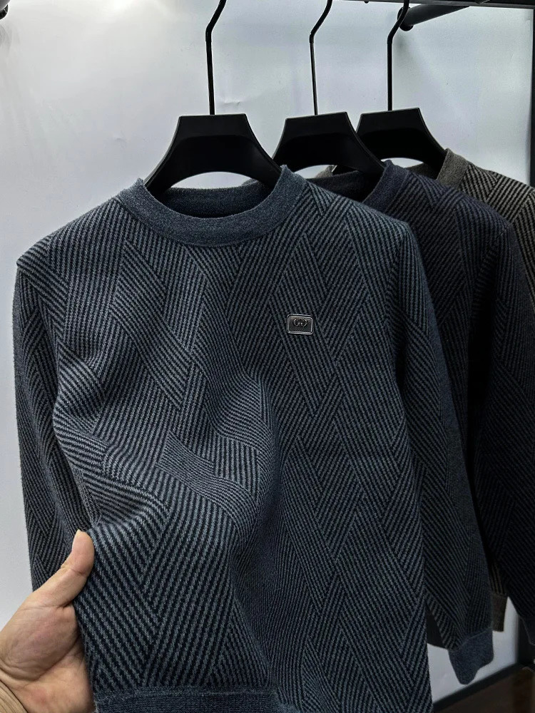 High end retro letter printed sweater mens autumn and winter casual fashion plush thickened round neck pullover 250819