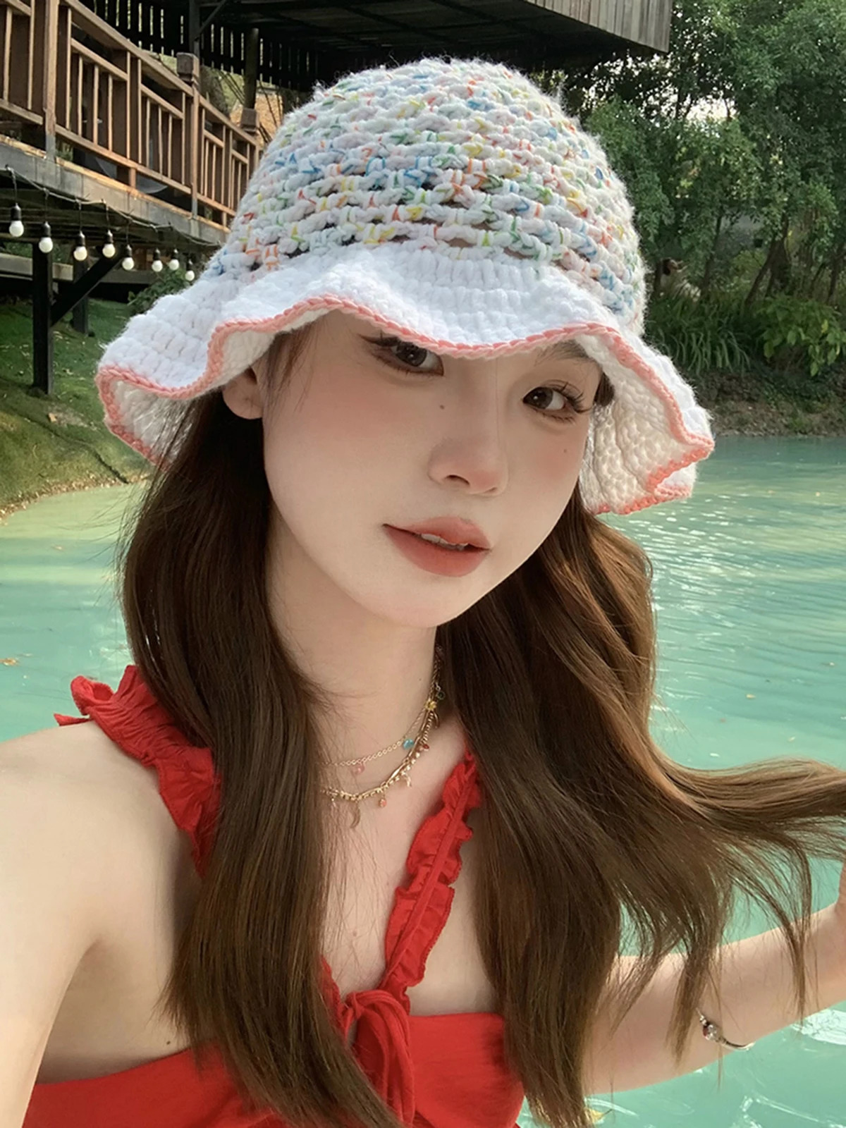 graceful lace Colorful Hook flower hat Hat Womens Autumn and Winter Cute Handmade Plush Hat Knitted Fisherman Bucket Hats 250819