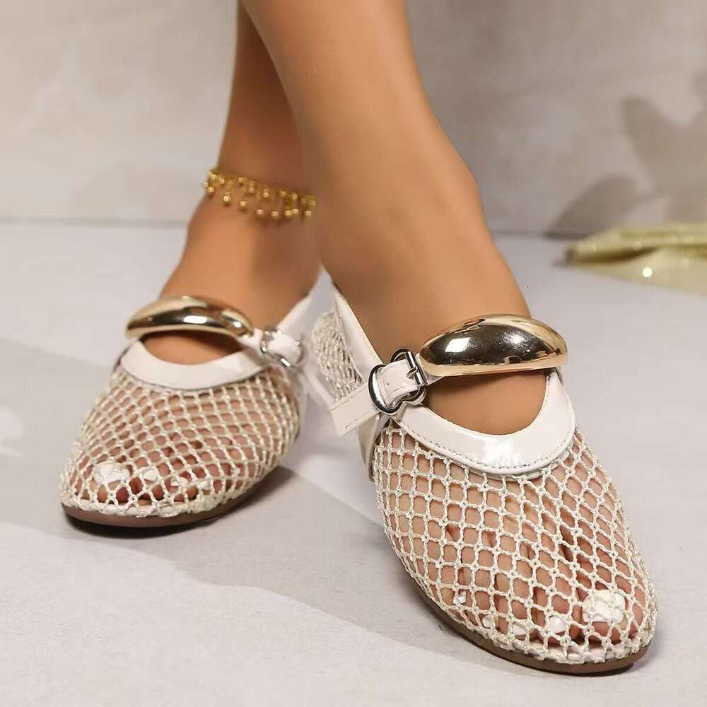 Round Toe Fishnet Hollow Mary Jane Shoes Women 2025 Summer New 35-42 Large Size Sandals