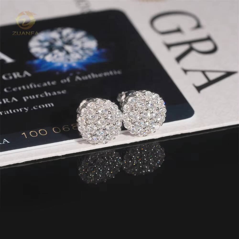 New Arrival Hip Hop Cluster Diamond Round Shape Screw Back 925 Silver Moissanite Sstud Earring