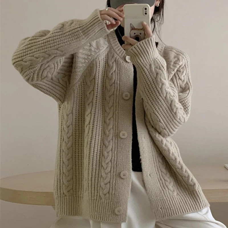 Autumn Twist Cardigan Women Vintage Casual Knitted Fashion Long Sleeve Single Breasted Sweater Coat 250819