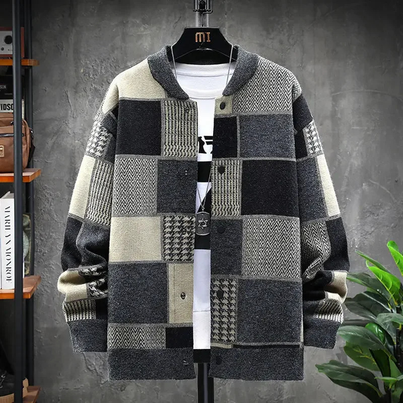 England Style Single Breasted Plaid Pattern Cardigan for Men Fall Winter Casual Loose Fit Baseball Collar Sweater Jacket 250819