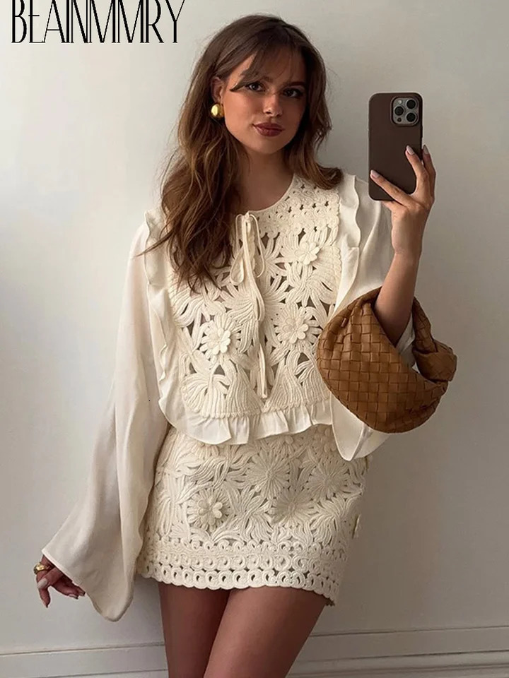 Elegant Retro Hollow Out Lace Up Mini Skirt Set Women Chic High Waist Flare Ruffle O-neck Top 2 Piece Suit Holiday Street Outfit 250818