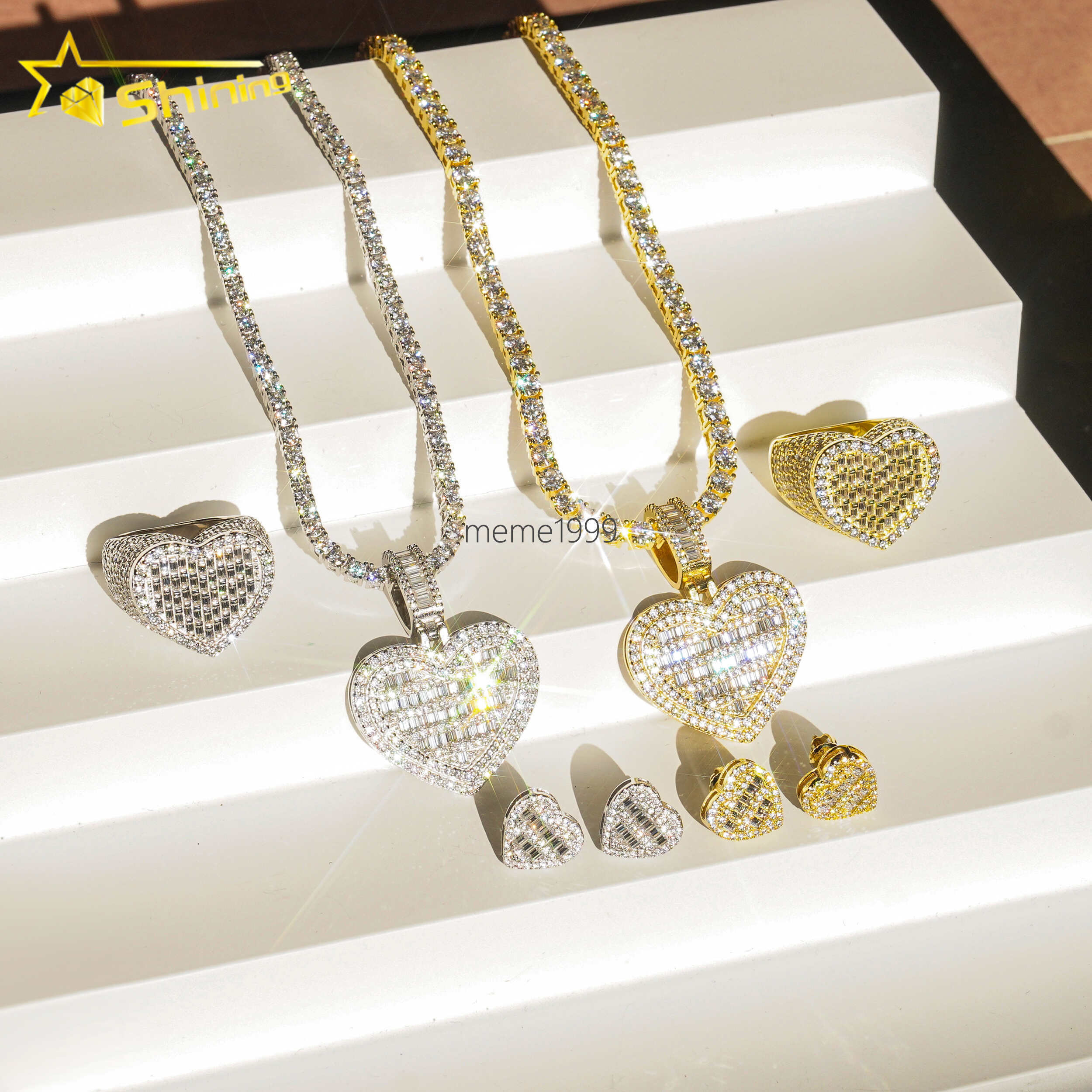 Factory Hip Hop Moissanite Jewelry Heart Shape Rings 925 Sterling Silver baguette Diamond Pendants Earrings Fine Jewelry Set
