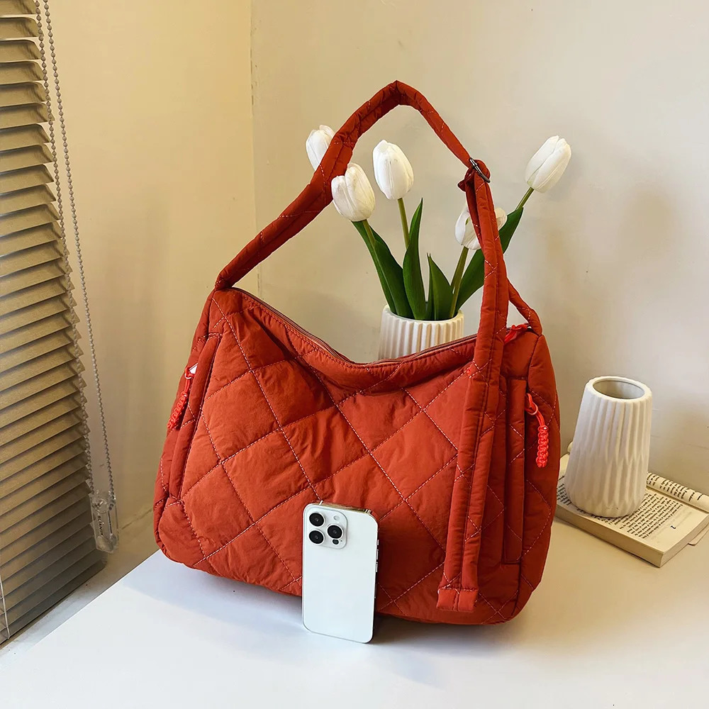 Quilted Large Capacity Single Shoulder Crossbody Bag Womens Cotton Bag Casual Lightweight Pleated Fashion Tote250813