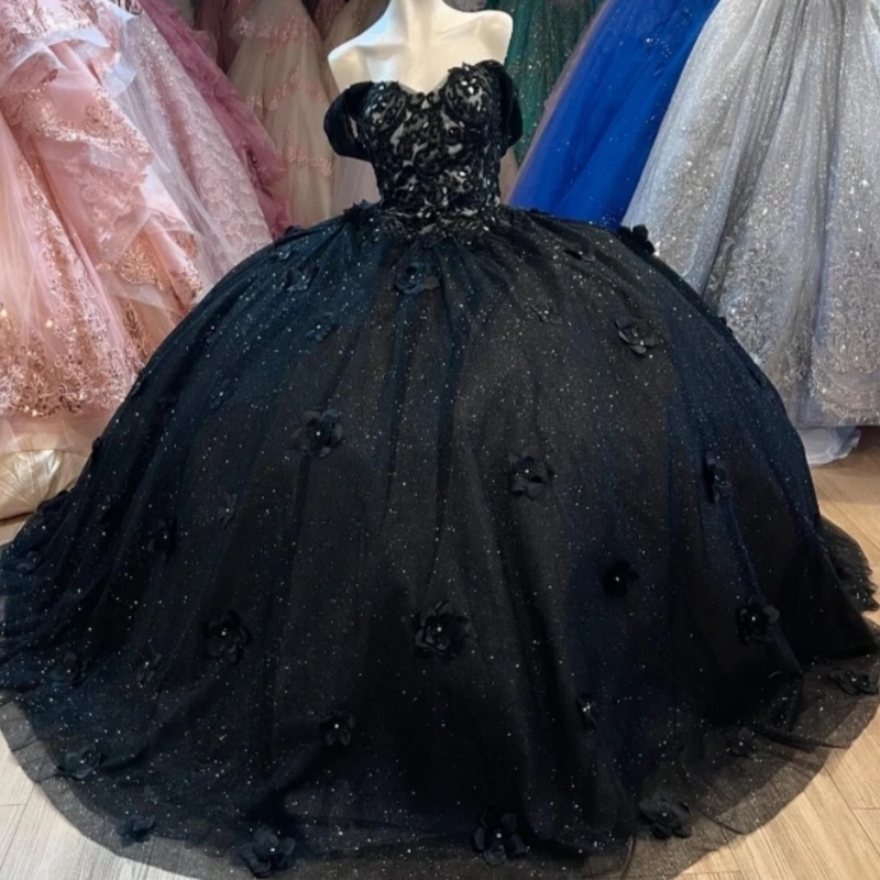 Black Shiny Quinceanera Dresses Off The Shoulder Ball Gown Sweet 16 Dress Applique Flowers Beads Tull Party Birthday Vestidos 15 Anos