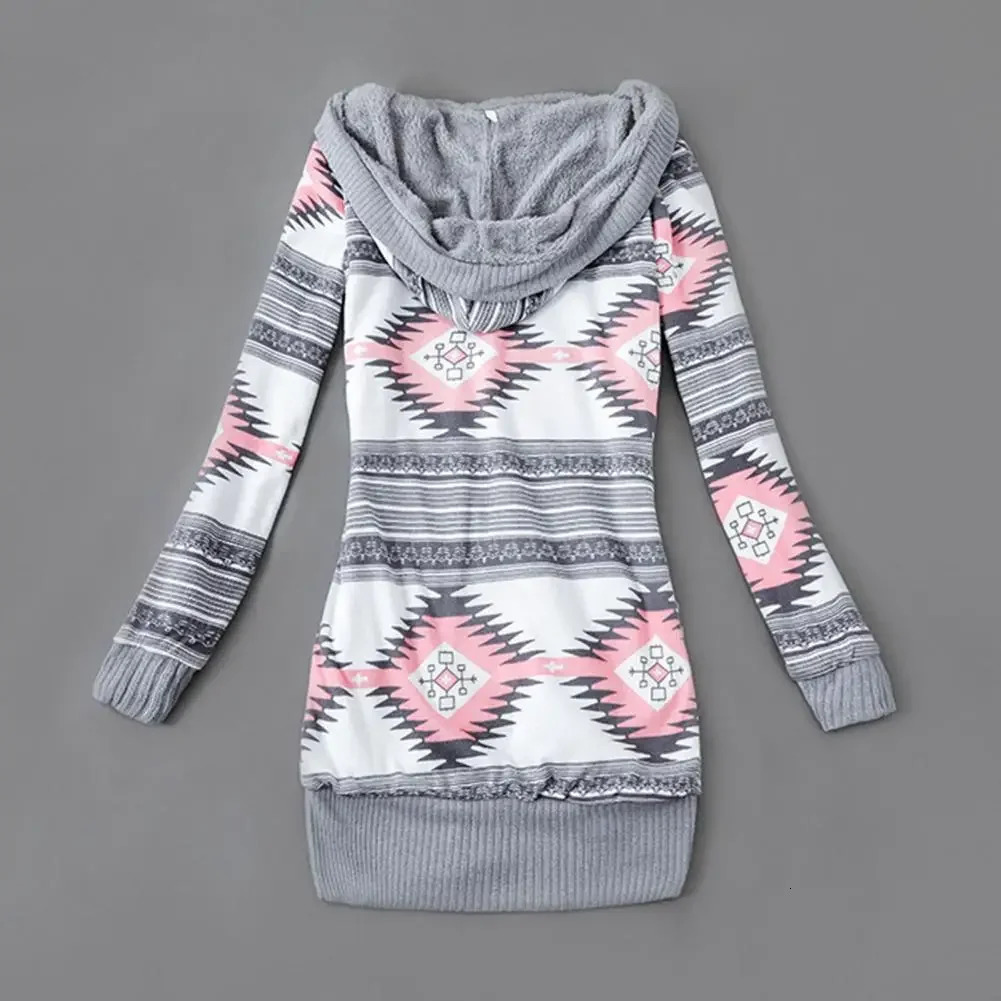 Women Cardigan Striped Print Long Sleeve Sweater Coat Buttons Closure Hooded Plush Lining Outerwear For Autumn Winter 250819