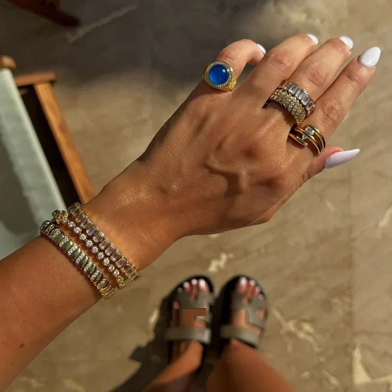 Green Blue Gem White Cubic Zirconia CZ Stone Geoemtric Gold Color Fashion Women Finger Pinky Rings 250815