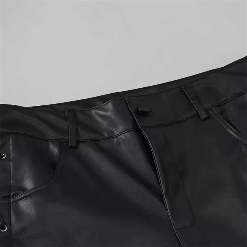 2024 Fashion High Street Mens Hot Loose Faux Leather Pants Unique Design Tied Casual Trousers W250819