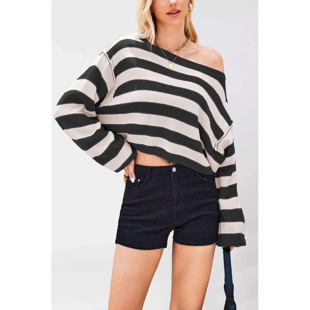 Autumn Winter Temu Women's Pullover Sweater Striped Loose Short Knitted Top B5