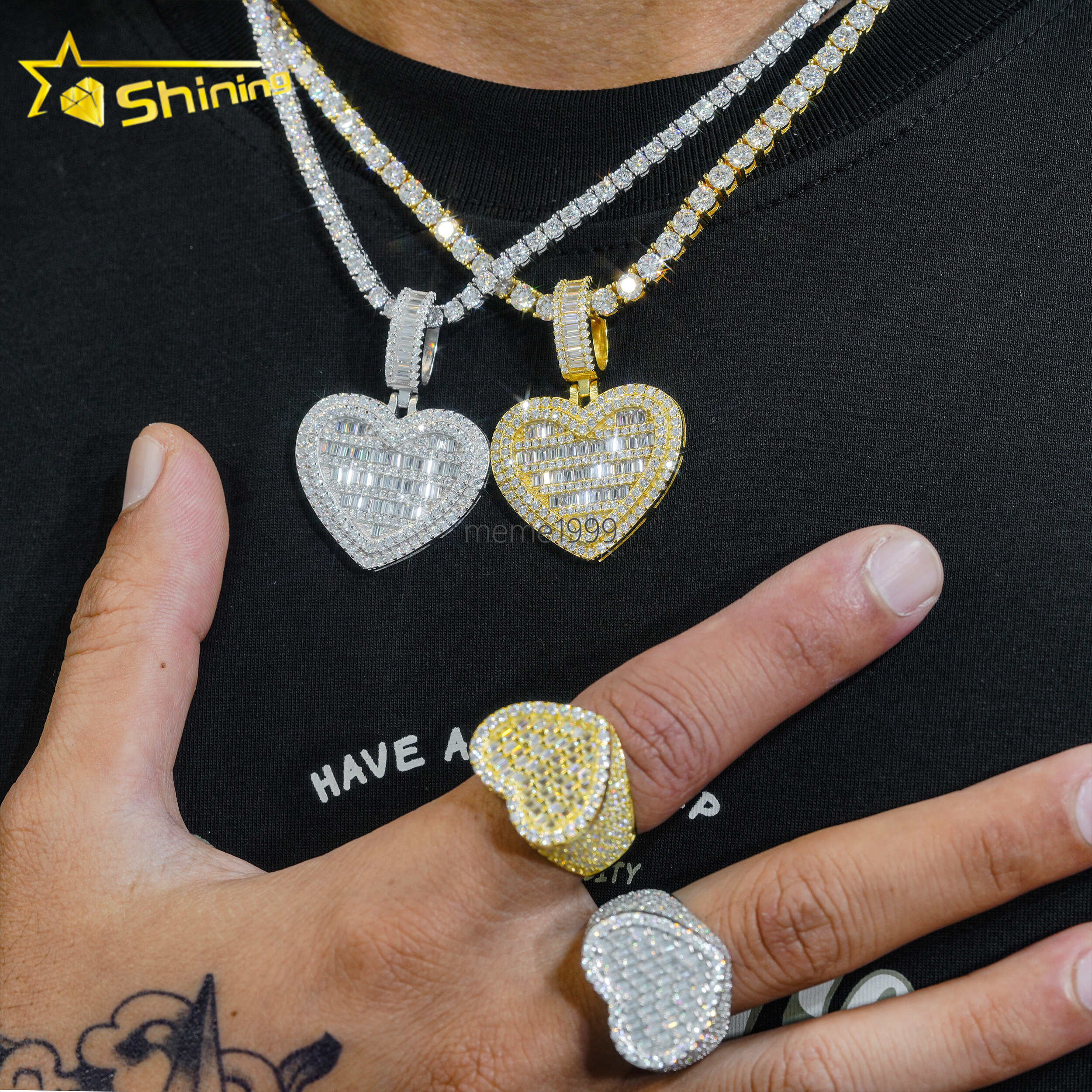 Factory Hip Hop Moissanite Jewelry Heart Shape Rings 925 Sterling Silver baguette Diamond Pendants Earrings Fine Jewelry Set