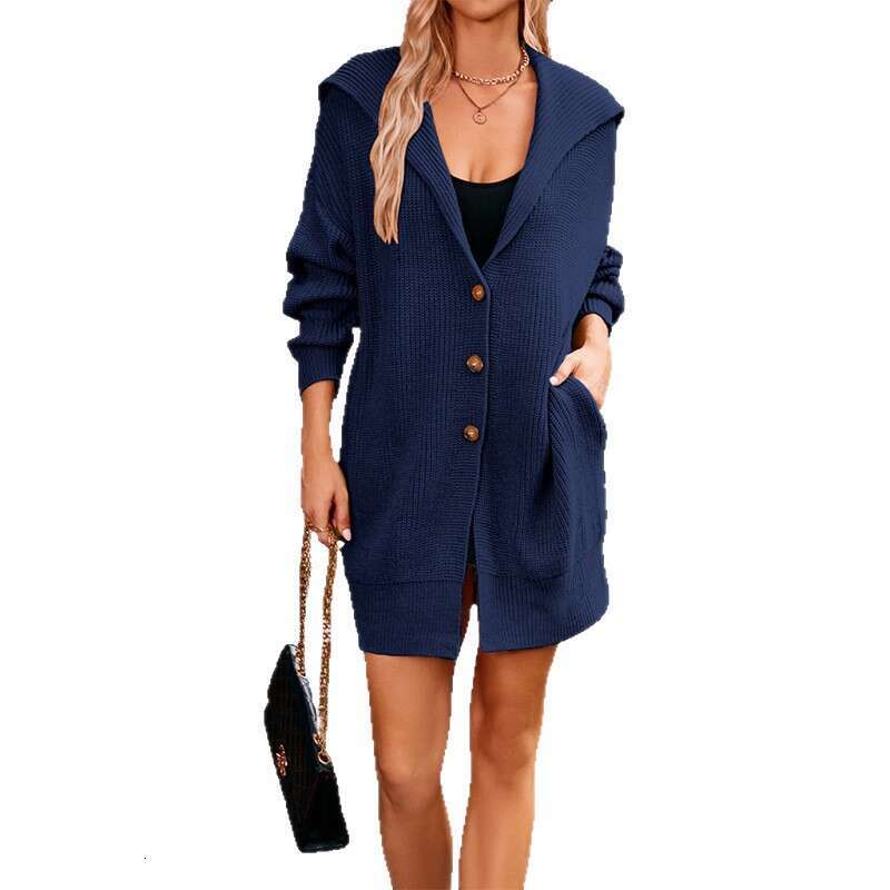 New Autumn Winter Women's Solid Color Turn-Down Collar Pocket Cardigan Three-Button Mid-Length Sweater Coat B5